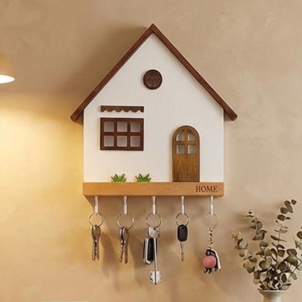 Wooden Wall Mount Key Holder 5-Hook Design House Shape Decorative Hooks Rustic Multi-Purpose Key Rack Bedroom Decorative Shelf