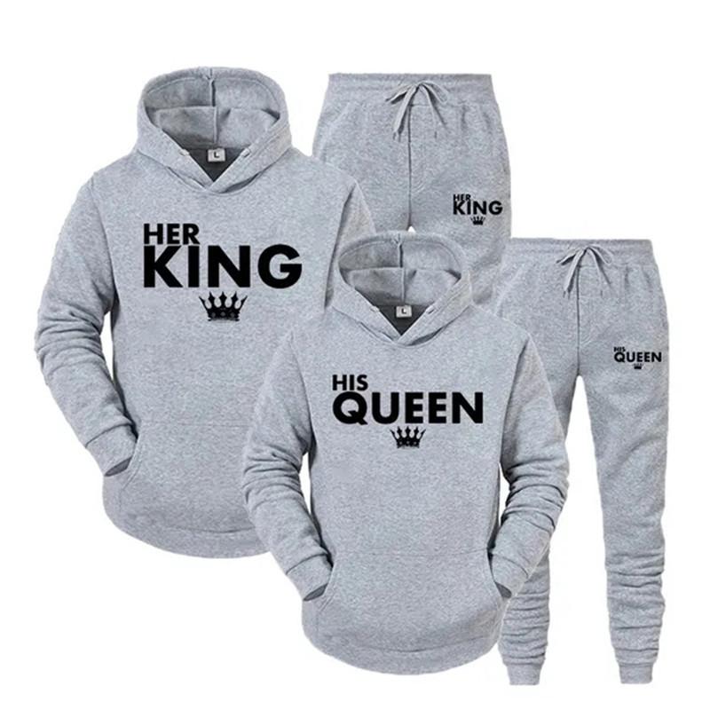 Lover Outfit Her QUEEN or His KING Printed Tracksuits Couple Hoodies Suits Hooded Sweatshirt and Sweatpants Two Piece Set S-4XL