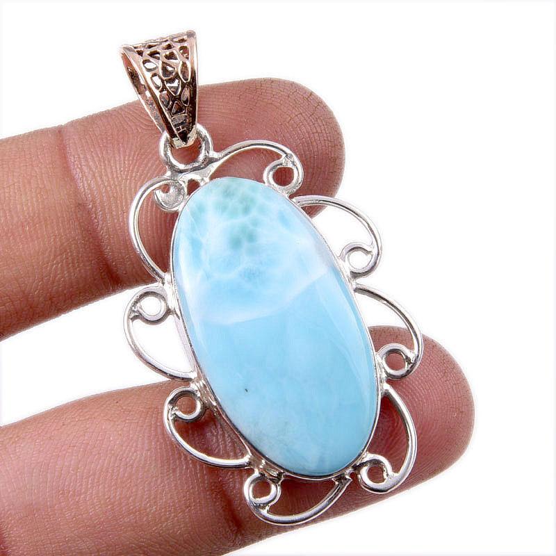 Natural Republic Larimar Gemstone 925 Solid Sterling Silver Pendant 1.75" D1T59