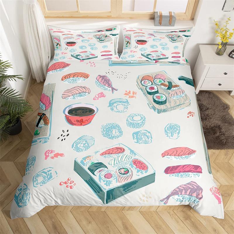 Cartoon Sushi Food Duvet Cover Twin For Kids Teen Microfiber Japanese Cuisine Bedding Set Kawaii Cat Cherry Blossoms Quilt Cover