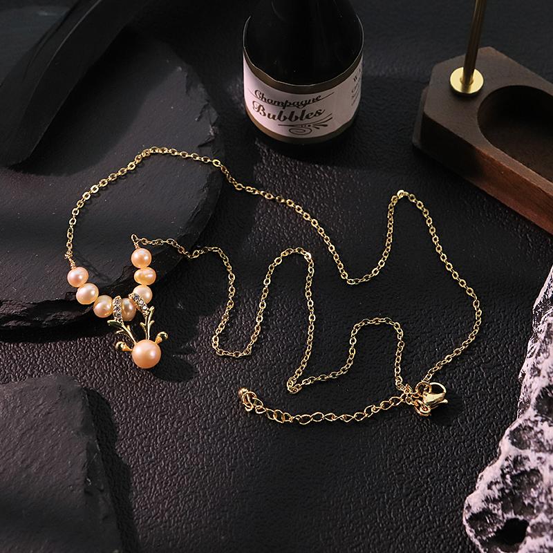 GLSEEVO Natural Freshwater Pink Pearl Deer Head Pendant Necklace for Women Daily Wear Gift Pearl Antler Necklace Dainty Jewelry