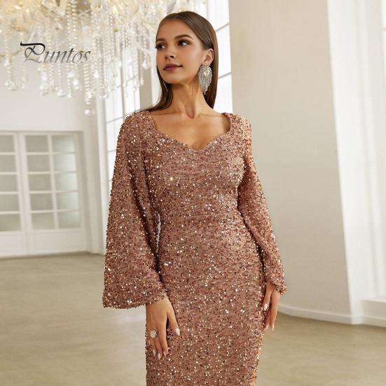 Женское вечернее платье с рукавами-колокольчиками, пайетками, А-силуэта, облегающего кроя, глубоким вырезом, V-образным вырезом, макси-платье со средней талией и застежкой-молнией сзади, выпускное платье
