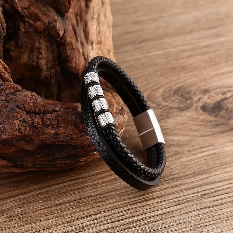 Mens Minimalist Multi-Layer Braided Leather Bracelet Stainless Steel Cuff Geometric Design Adjustable Size