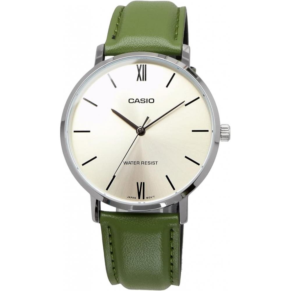 Casio Мужские кварцевые часы Серебристые   Зеленый кожаный ремешок Mtp Vt01l 3b