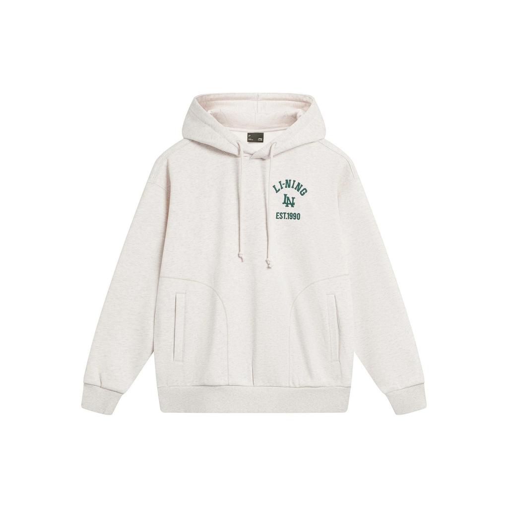 Li Ning Sports Fashion Series Letter Print Hooded Fleece Pullover Sweatshirt Women Sweatshirt Flower-Gray Tile-Gray AWDTE42-4