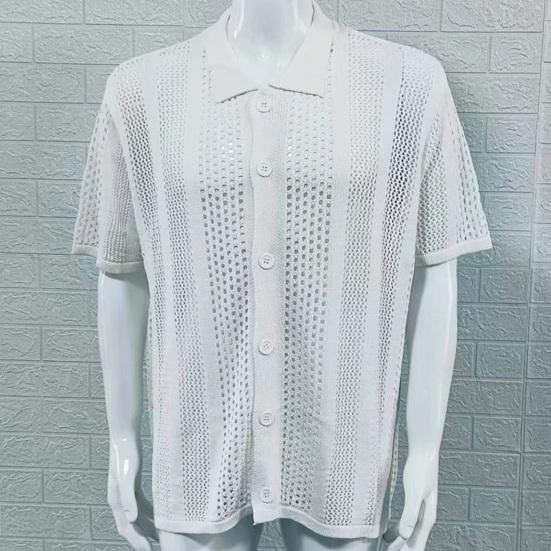 Мужская винтажная трикотажная рубашка с коротким рукавом и лацканами, повседневная однотонная рубашка на пуговицах для повседневной носки на работу и отдых