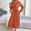 Women's Long Sleeve Dress V-Neck Polka Dot Dress with Tie Waist Long Pleated