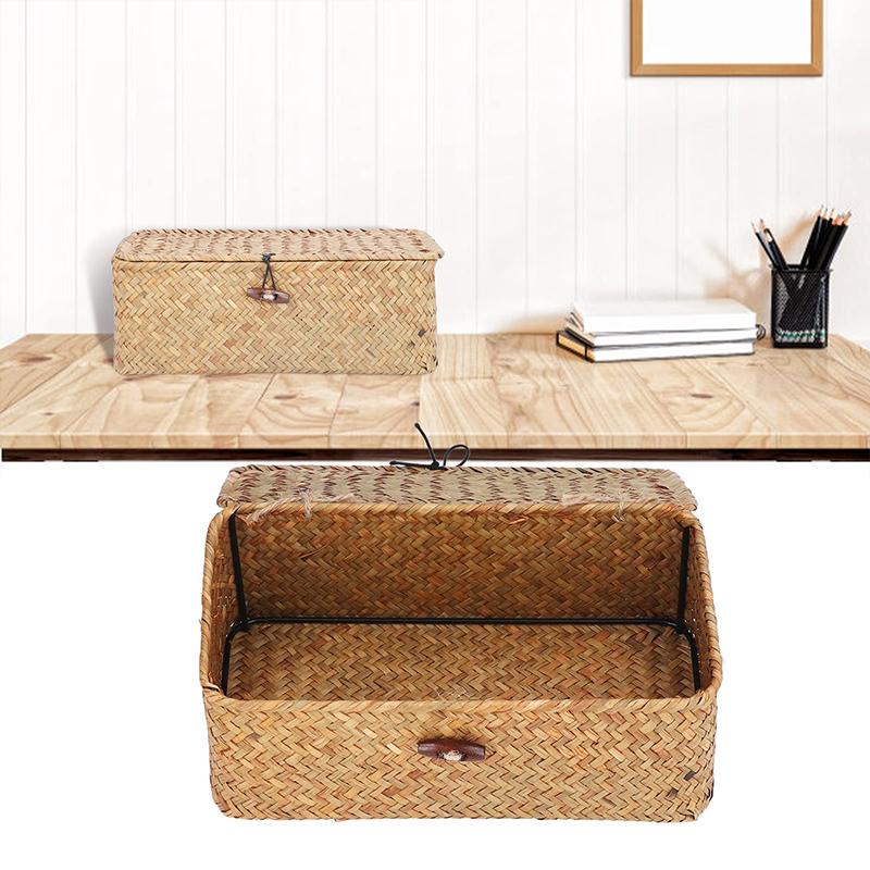 Woven Storage Baskets Wicker Storage with Lid Woven Storage Box Woven Natural Reed Storage Basket for Bookshelves Desks