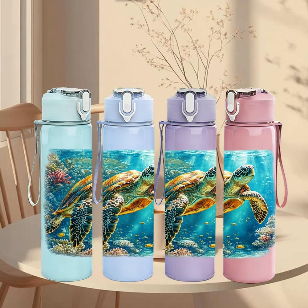 1PC Sea Turtle Coral Ocean Scene Print 750ml Color Plastic Sports Water Bottle Leakproof Flip Straw Lid Suitable for Sports Office Home Use