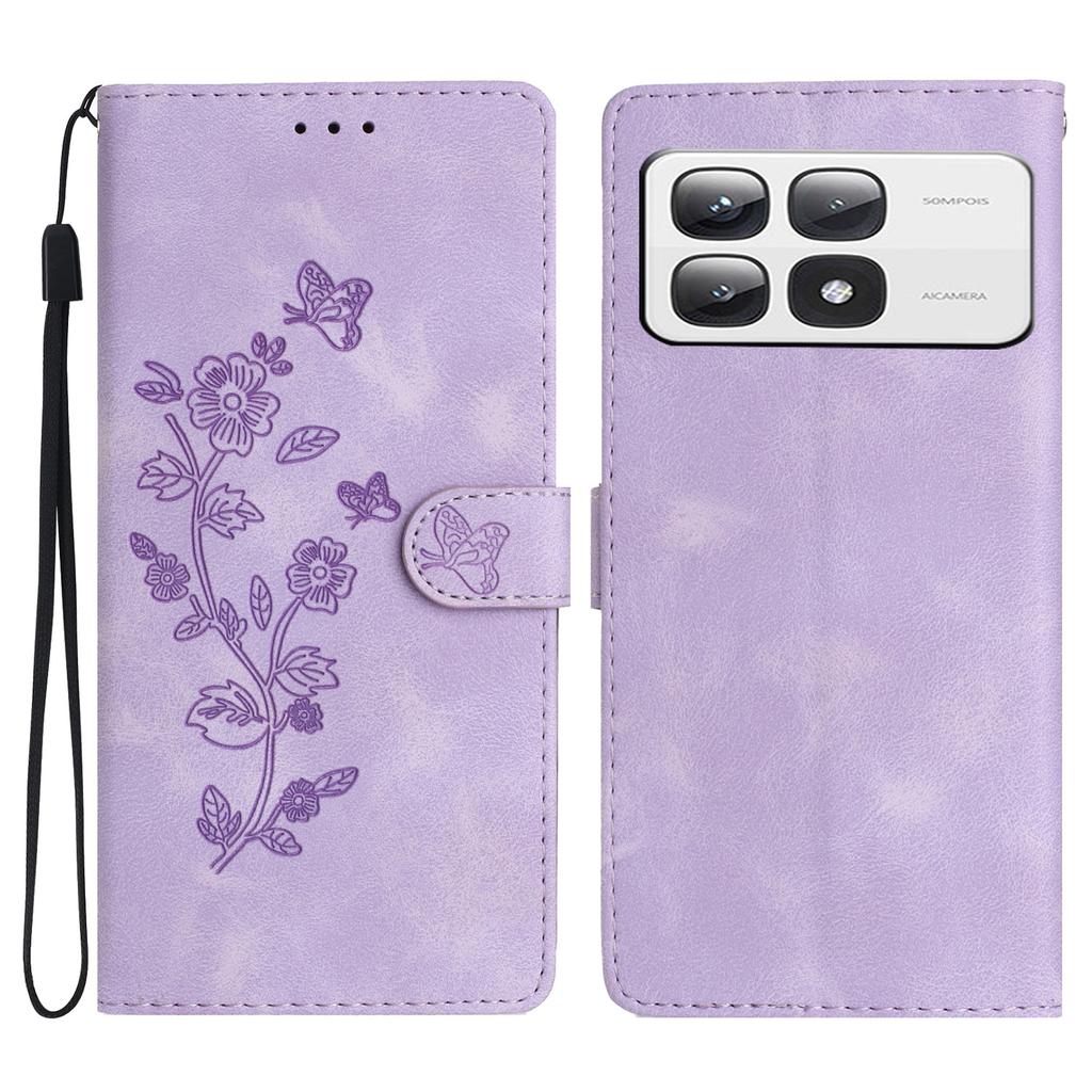 For Xiaomi 14T Pro Case Leather Imprinted Flower Phone Cover Wallet with Wrist Strap