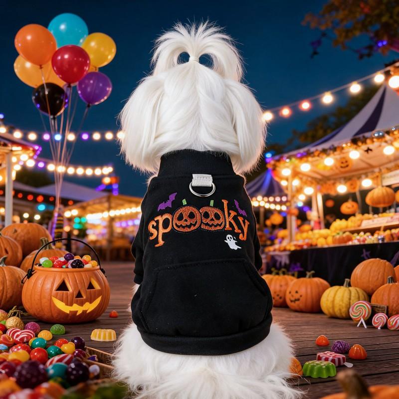Halloween Pet Hoodie With Pumpkin Design Leash Ring Dogs Cats Winter Casual Costume