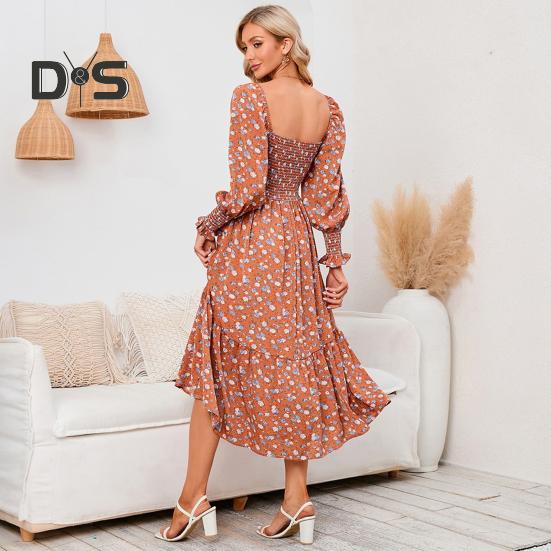 Женское платье с длинными рукавами, цветочным принтом, А-силуэтом, квадратным вырезом, миди-платьем, эластичным бюстом, открытой спиной, плиссированным подолом, весна-осень