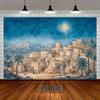 2D flat, 1pc Bible Village and starry sky scene - 2D flat polyester photo background for Christmas and Halloween decorations