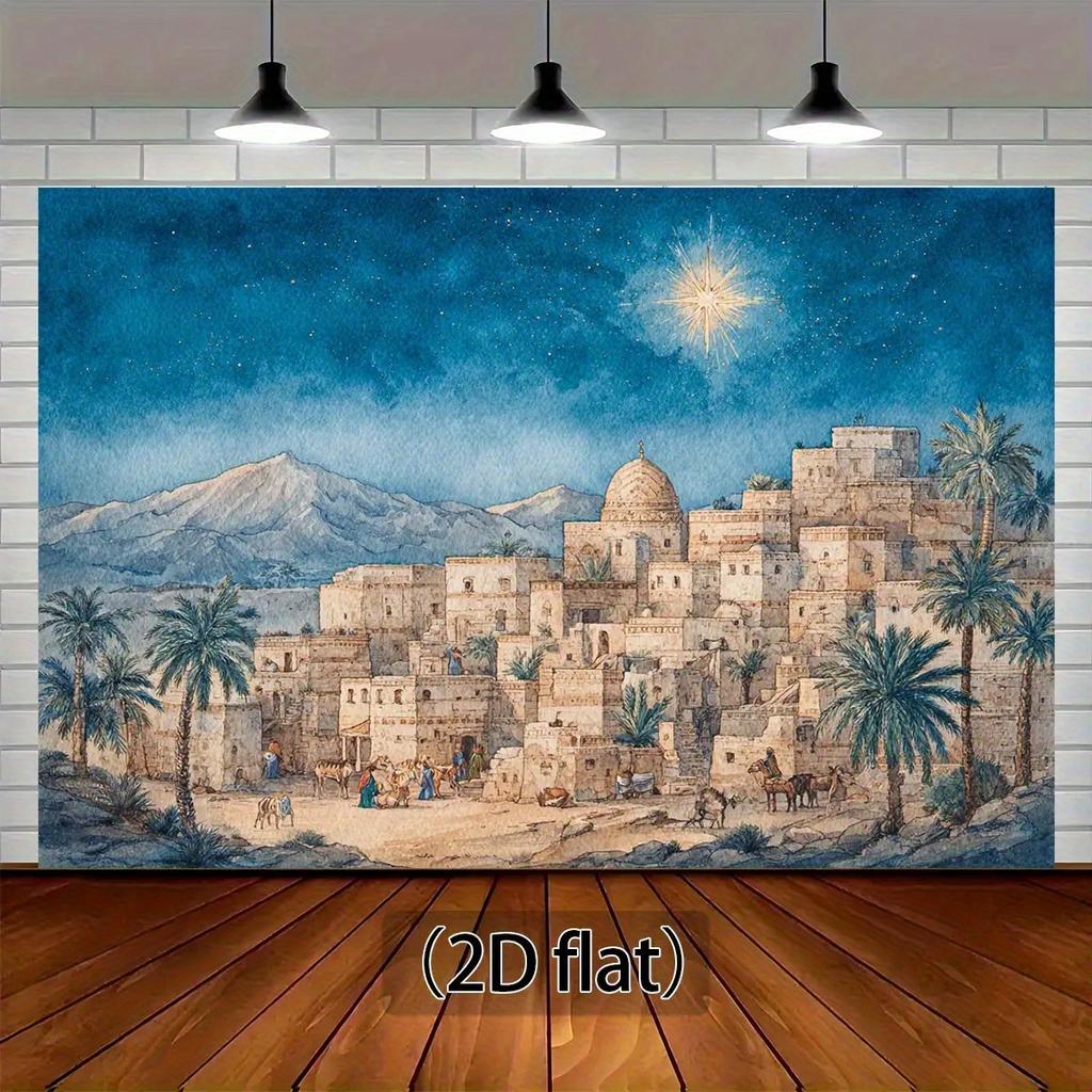 2D flat, 1pc Bible Village and starry sky scene - 2D flat polyester photo background for Christmas and Halloween decorations