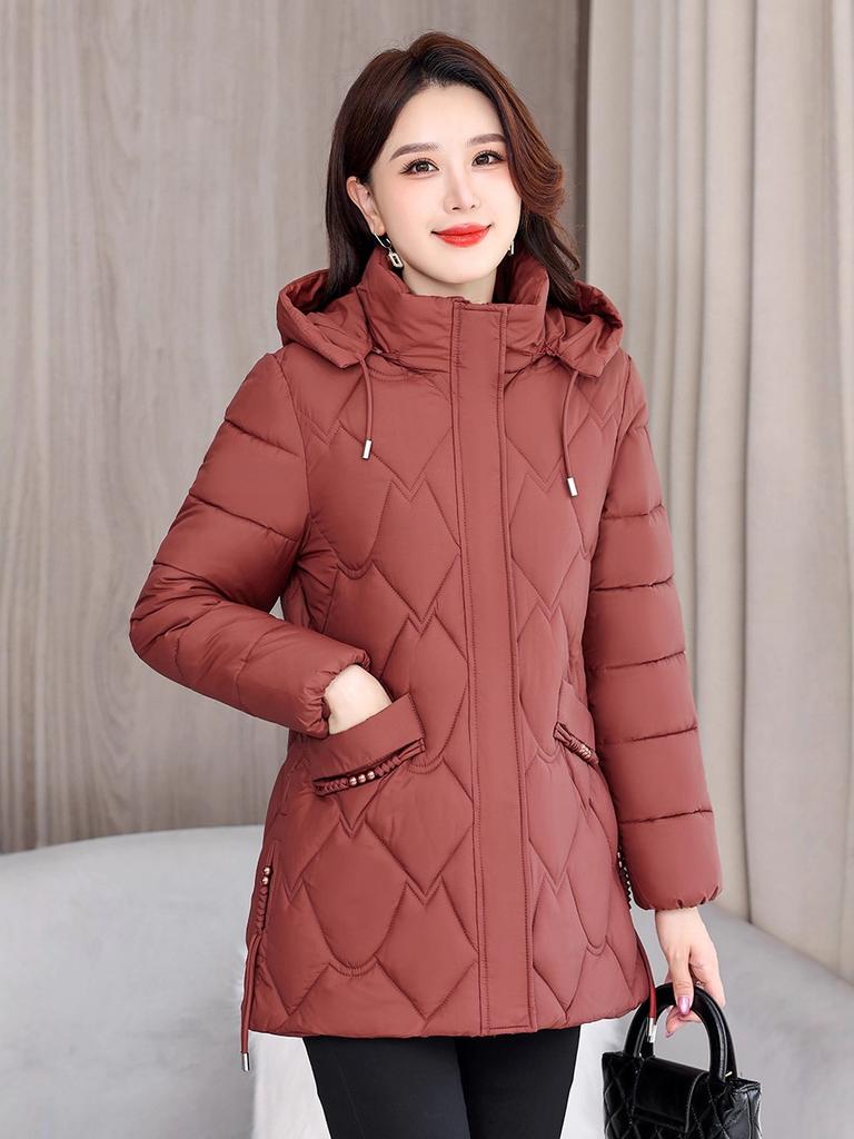 Hooded rhombus cotton clothes women's winter thickened warm medium and long slim and thin down cotton-padded jacket