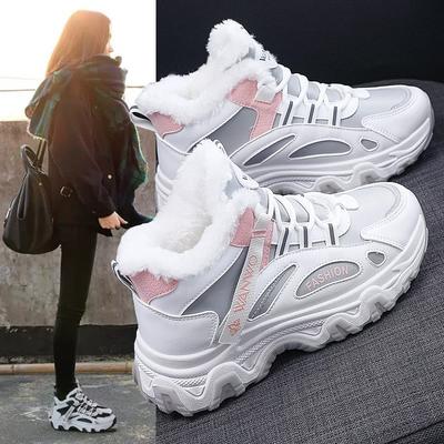 Осень Зима Маленькие Белые Туфли Плюс Бархат Толстые Теплые Хлопковые Туфли Черные Универсальные Туфли с Кожаными Вставками Осень и Зима Высокие Спортивные Туфли