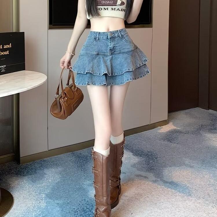 Джинсовые шорты с рюшами в стиле ретро, ​​юбка, женская летняя уличная одежда, женские короткие юбки