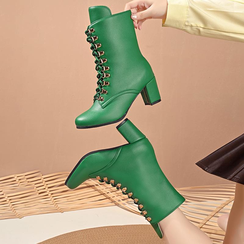 Spring Autumn Ankle Boots for Women Comfortable Platform Botas Women High Heels Lace Up Solid Color Short Knight Boots Big Size