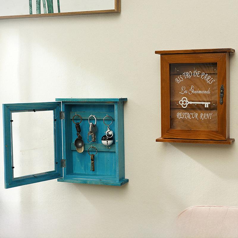 Home Wooden Wall-Mounted Key Storage Box Home Retro Storage Box Dustproof with Door Internet Red Key Storage Hook(Blue)
