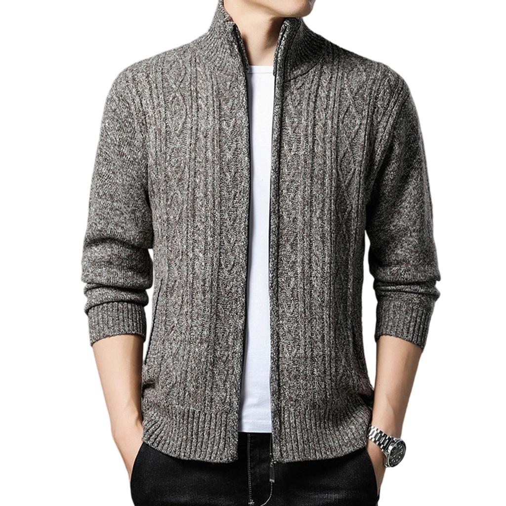 Men's  Standing Collar  Add Cotton  Adding Fleece  Thickened  Long Sleeves  Color Matching  Cardigan  Knitting  Sweater  Coat
