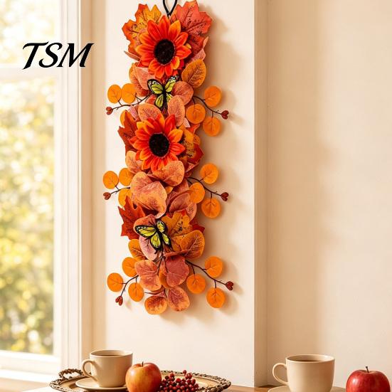 Fall Sunflower Garland with Butterflies Artificial Wall Hanging, Maple Leaf Butterfly Autumn Wreath for Front Door Harvest Indoor Outdoor Thanksgiving