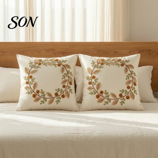 Hidden Zipper Cushion Covers Autumn Wreath Cover, Thanksgiving Throw Pillow Leaf Embroidery Soft Cases Case for Sofa Couch Farmhouse Home Decor,