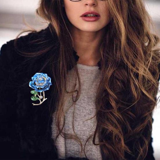 Rose Flower Brooch Green Leaves Rhinestone Oil-Dripping Vintage Sparkling Gift Elegant Business Suit