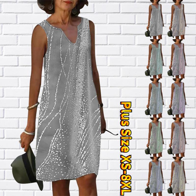 Женское летнее платье с серебряным блестящим принтом и v-образным вырезом, повседневное модное платье без рукавов, повседневные свободные сексуальные платья размера плюс XS-8XL