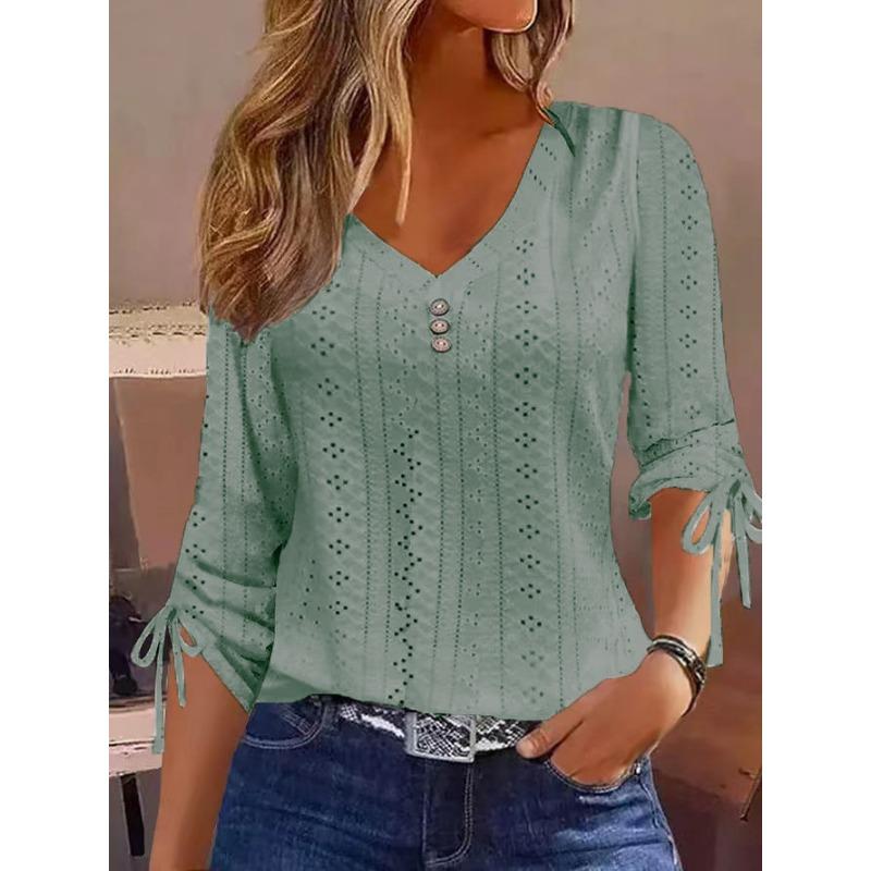 JKASHDK Women's Fashion Casual Spring Fall Solid Color Print 3/4 Sleeves V-Neck Blouses & Shirts