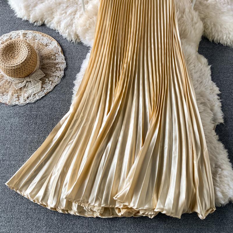 Лето Осень Женская Элегантная Атласная Высокая Талия Длинная Макси Плиссированная Юбка