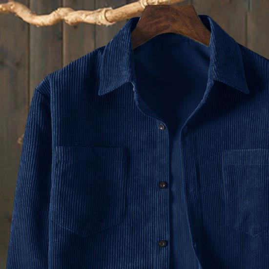 Men Corduroy Shirt Turn-down Collar Single-breasted Solid Color Loose Cardigan Retro Style Mid Length with Chest Pockets Top for Daily Wear Commuting