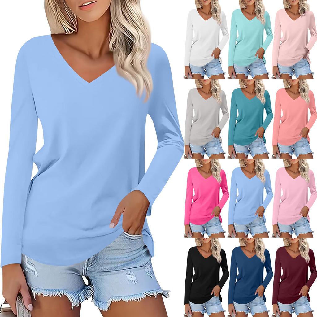 Женская мода повседневная V-образный вырез длинный рукав однотонный принт базовый низ верх