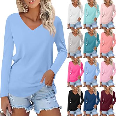 Женская мода повседневная V-образный вырез длинный рукав однотонный принт базовый низ верх