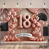 2D flat, 1 18th birthday party background, suitable for girls - rose gold and pink sparkling balloons, diamond banner decoration