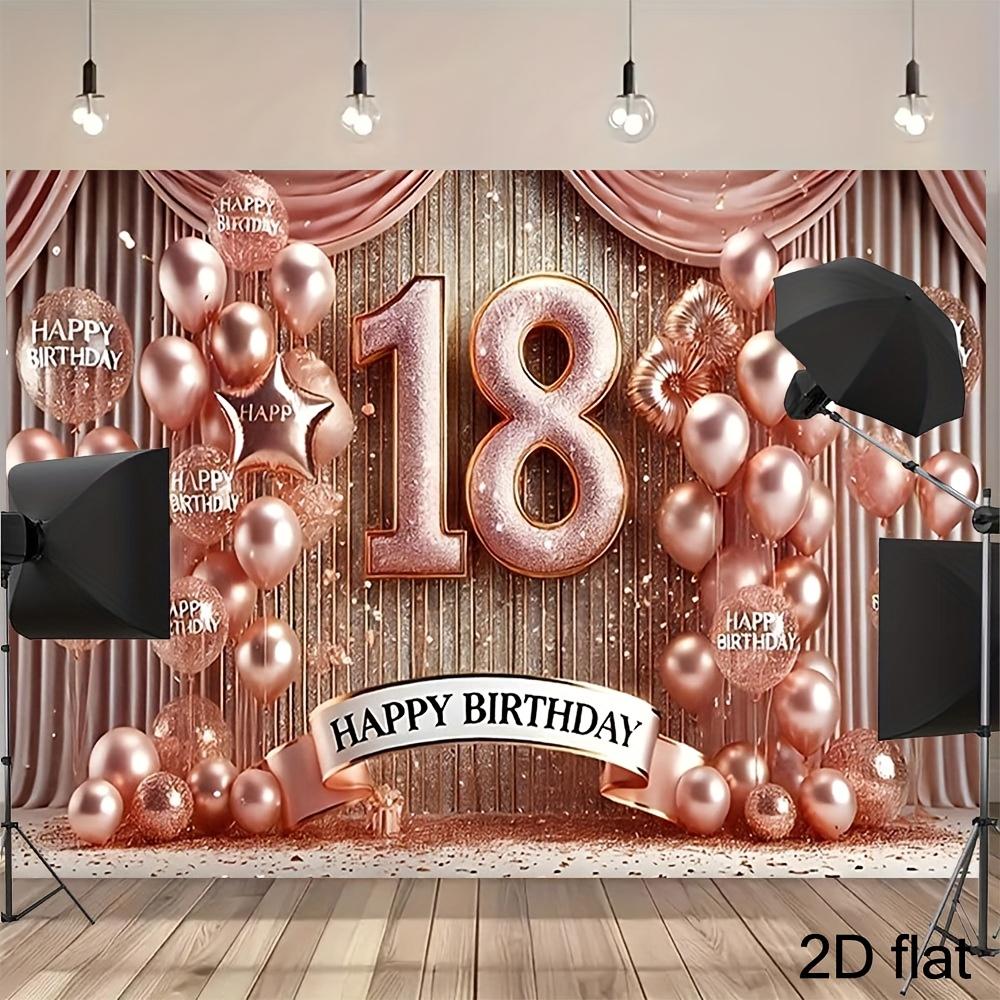 2D flat, 1 18th birthday party background, suitable for girls - rose gold and pink sparkling balloons, diamond banner decoration