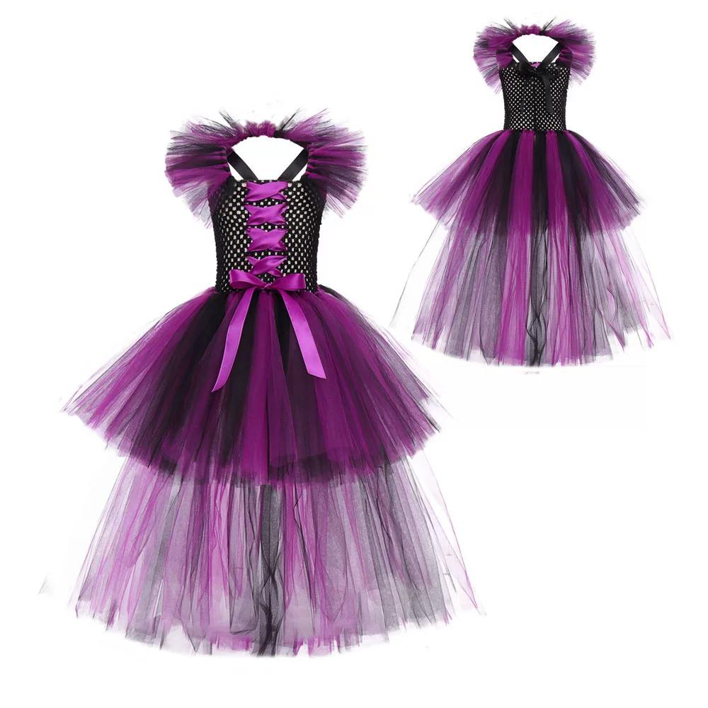 Kids Maleficent Cosplay Dress for Girls, Halloween Witch Party Role Play Costume