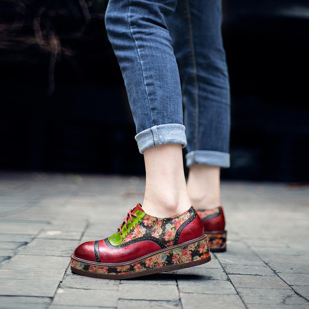 Johnature Туфли из натуральной кожи, женская обувь ручной работы на платформе, удобные лоферы контрастного цвета с цветочным принтом в стиле ретро