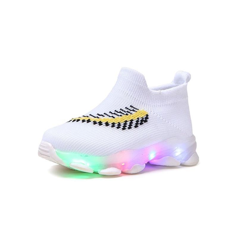 2020 New Children's LED Light Shoes Girls Boys Fly Weaving Breathable Sports Shoes Socks Shoes Feather Toddler Shoes