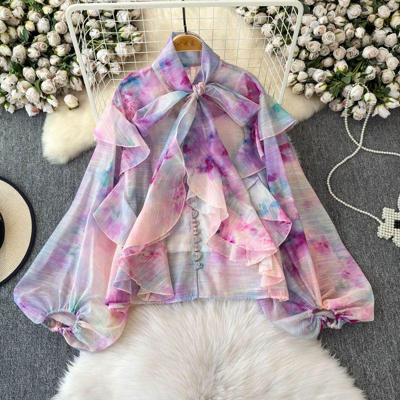 Stylish Ruffles Chiffon Shirt Women's Summer New Lantern Sleeve Shoelace Slim Looking Tie-Dye Inner Suspender Tops