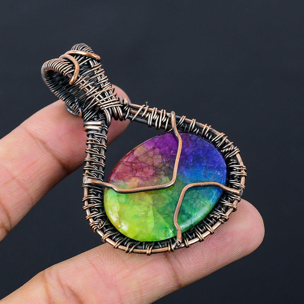 Rainbow Solar Quartz Gemstone Pure Copper Wire Wrapped Handmade Pendant Jewelry For Her