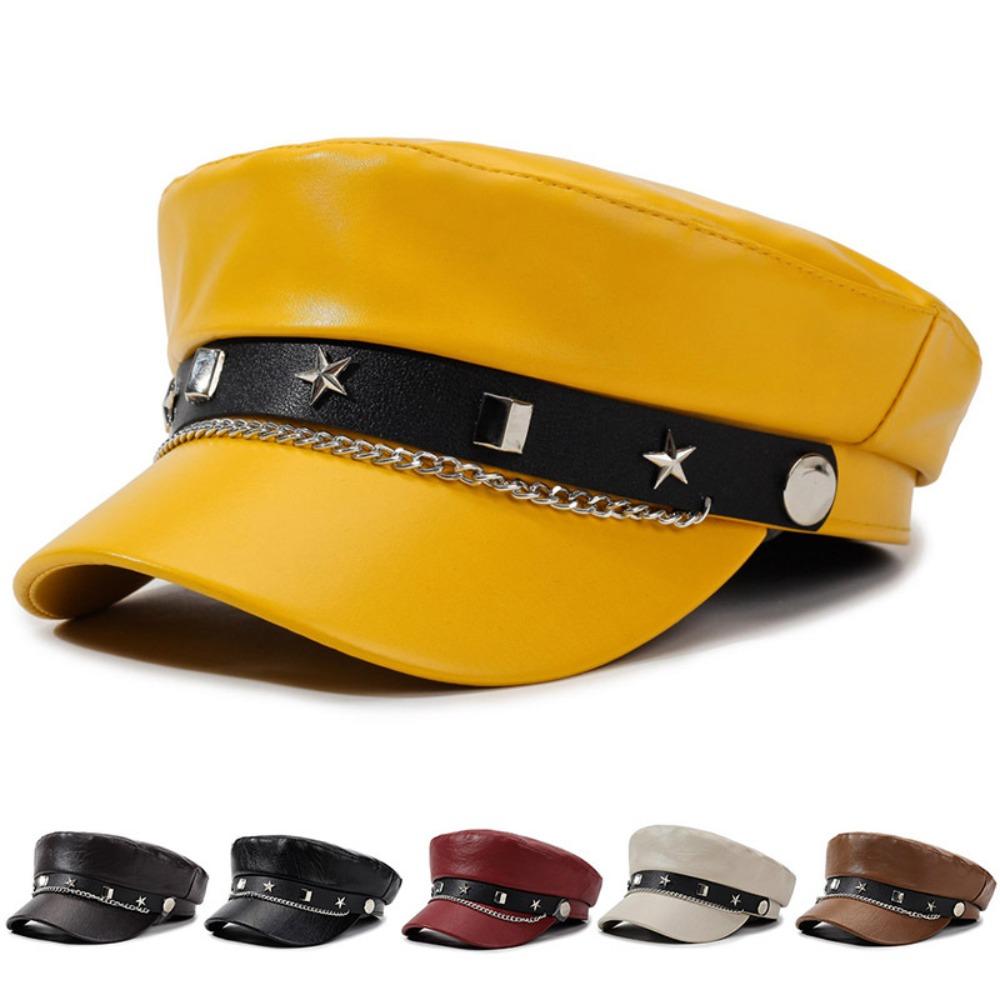 Solid Color Baker Boy Cap Metal Chain Decor Beret Hat Retro Flat Top Cap For Women