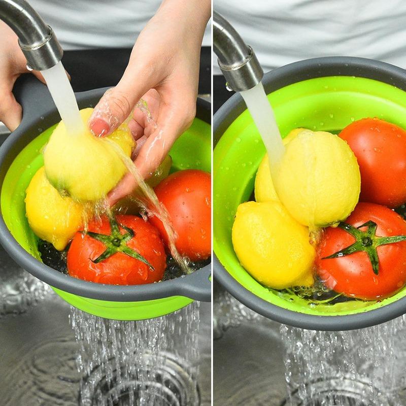 Silicone Foldable Drainage Basket Round Silicone Folding Foldable Filter with Plastic Handle Vegetable Washing Basket6