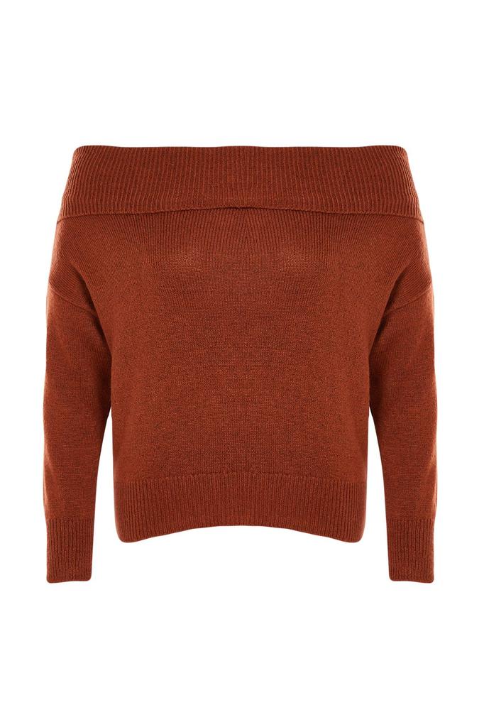 Women's Fashion Stylish Plus Size Sweater Brown Carmen Collar Knitwear Sweater