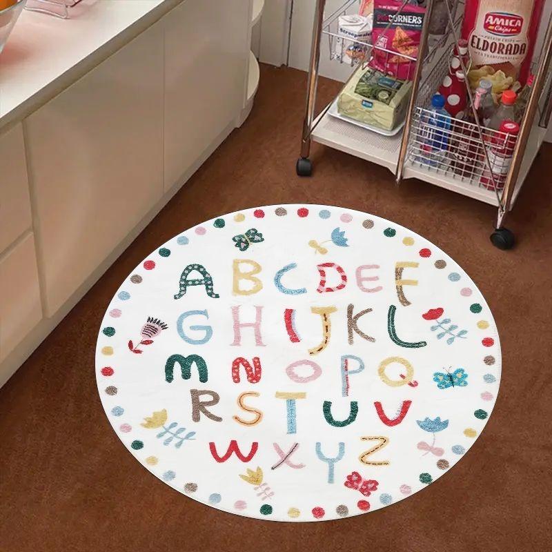 Colorful ABC Letters Flowers Round Rug Flannel Kids Learning Play Mat Non Slip Nursery School Room Educational Fun Floor Cover