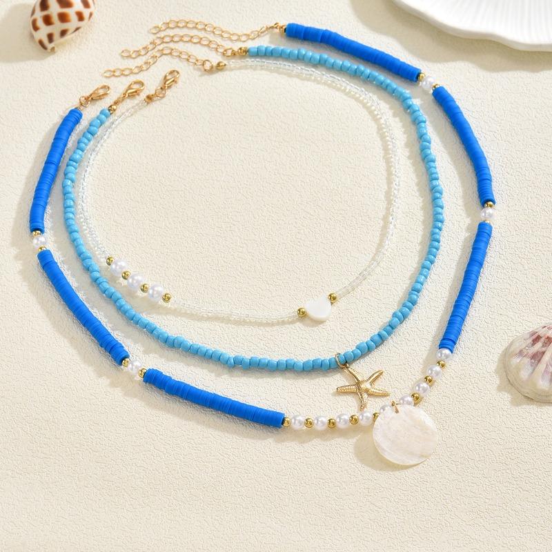 Bohemian Seaside Necklace Blue Soft Pottery Beaded Pendant Vacation Wind Starfish Collarbone Chain