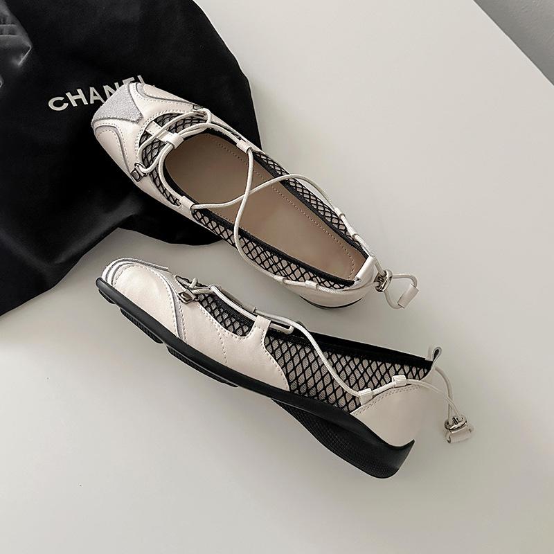 Cowhide version~ Square head retro mesh yarn functional style Mary Jane shoes versatile cross-strap ballet shoes platform casual shoes
