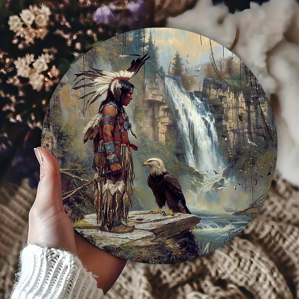 Плоско-ре мажор Коренной американец Индейский вождь и Волк Тотемный Круглый металлический жестяной знак Племенной головной убор с перьями Дикая природа Настенное искусство Духовный