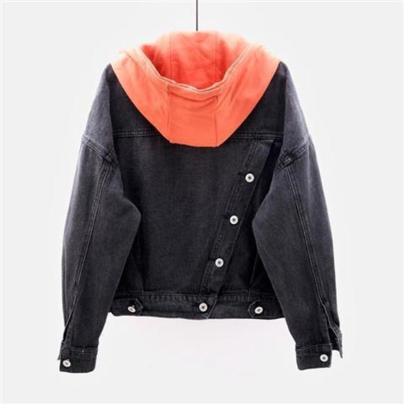 Denim Jacket Women Korean Style Loose Short Coat Long Sleeve Hooded Jacket Multi-Pockets All-match Tops
