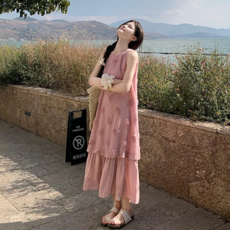 Womens Beach Vacation Dress With 3D Floral Embellishment Loose Fit A-Line Sleeveless Maxi In Pink Black White