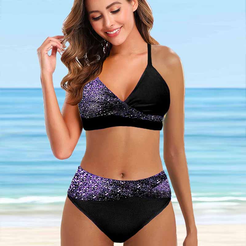 Женский купальник с бретелями на плечах, бикини с половиной блесток и золотым принтом, купальник-танкини